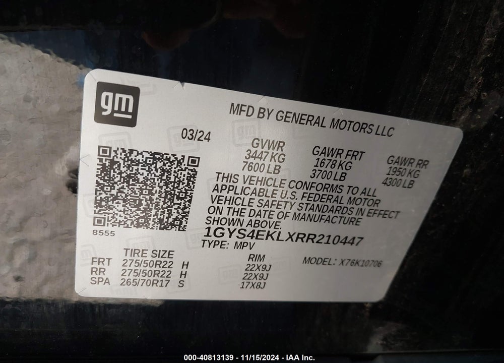 2024 CADILLAC ESCALADE 4WD SPORT VIN: 1GYS4EKLXRR210447