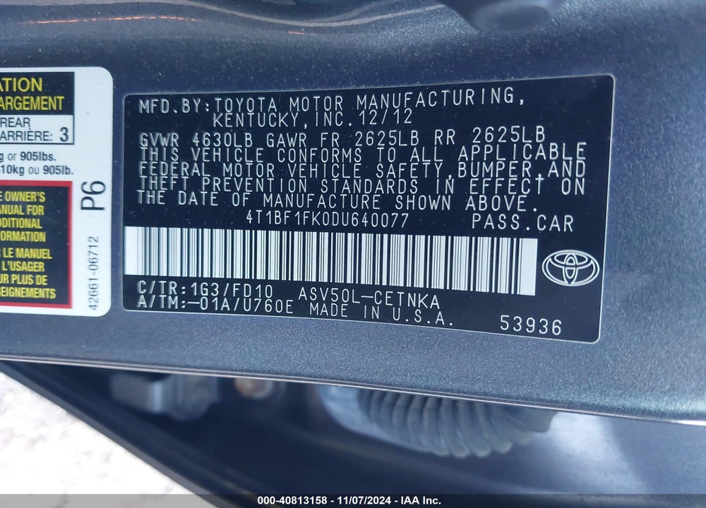 2013 TOYOTA CAMRY LE VIN: 4T1BF1FK0DU640077
