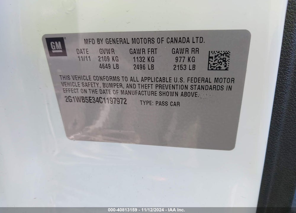 2012 CHEVROLET IMPALA LT VIN: 2G1WB5E34C1197972