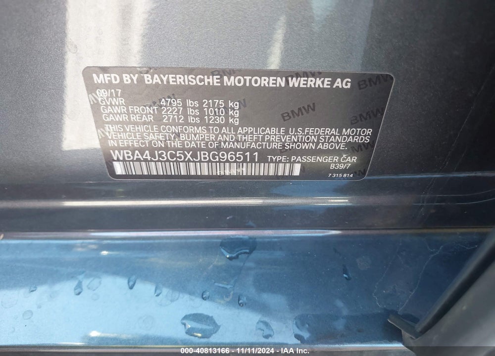 2018 BMW 430I GRAN COUPE XDRIVE VIN: WBA4J3C5XJBG96511