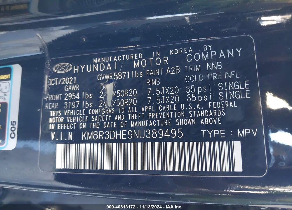 2022 HYUNDAI PALISADE SEL VIN: KM8R3DHE9NU389495