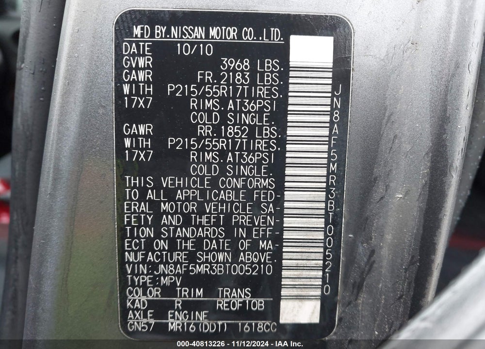 2011 NISSAN JUKE SV VIN: JN8AF5MR3BT005210