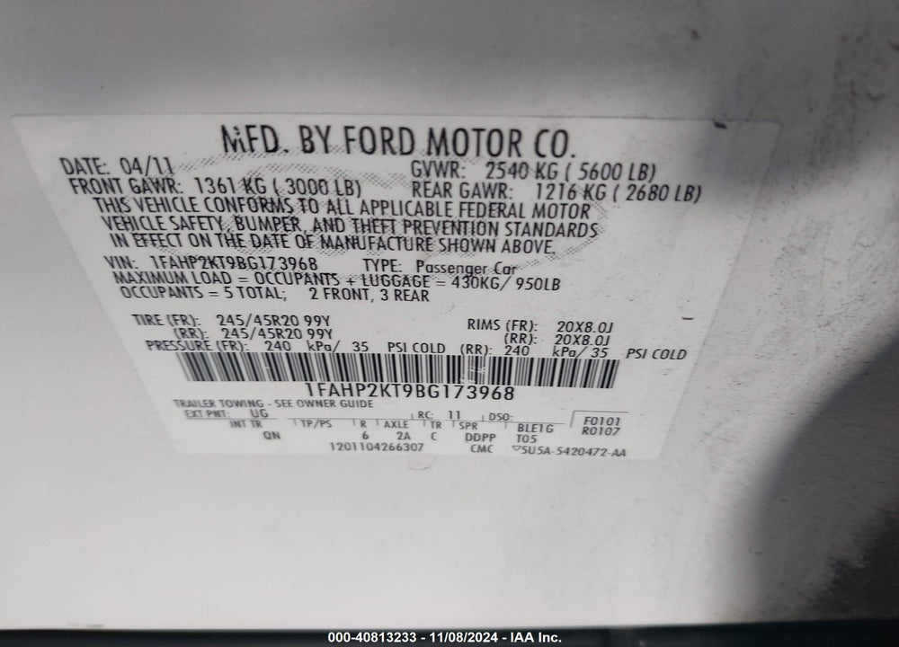 2011 FORD TAURUS SHO VIN: 1FAHP2KT9BG173968