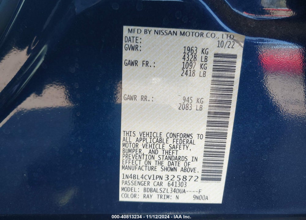 2023 NISSAN ALTIMA SR FWD VIN: 1N4BL4CV1PN325872