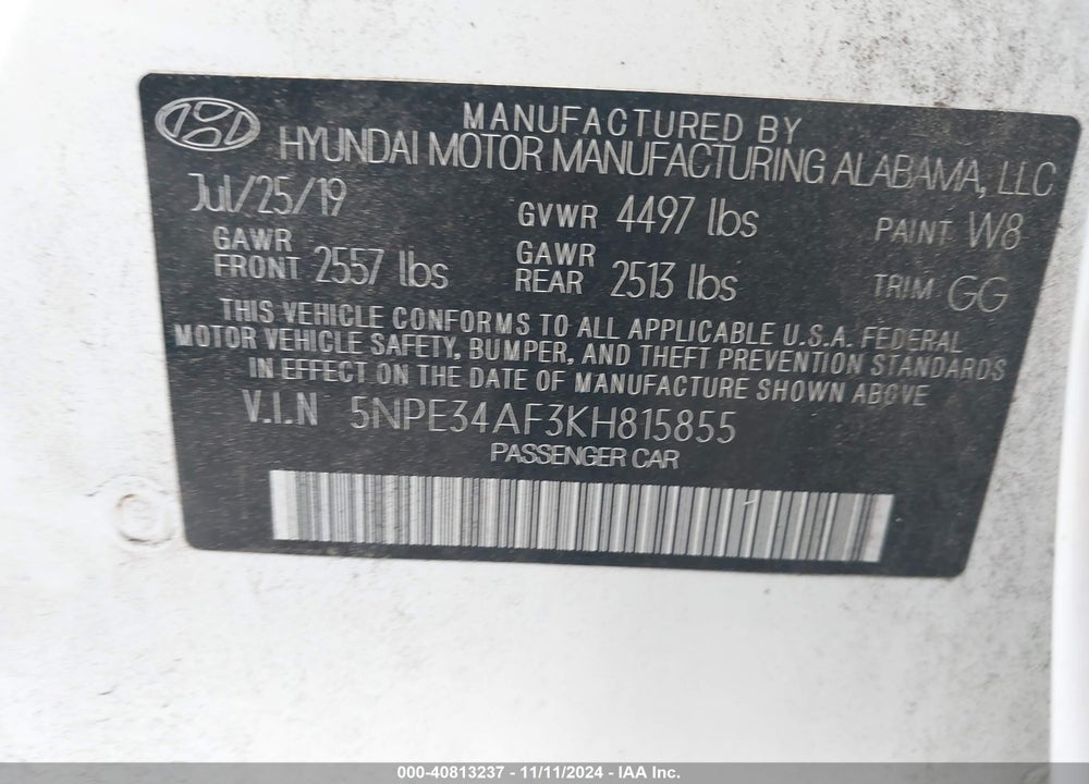 2019 HYUNDAI SONATA SEL VIN: 5NPE34AF3KH815855