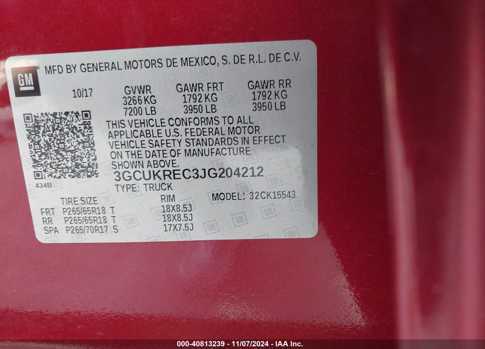 2018 CHEVROLET SILVERADO 1500 VIN: 3GCUKREC3JG204212