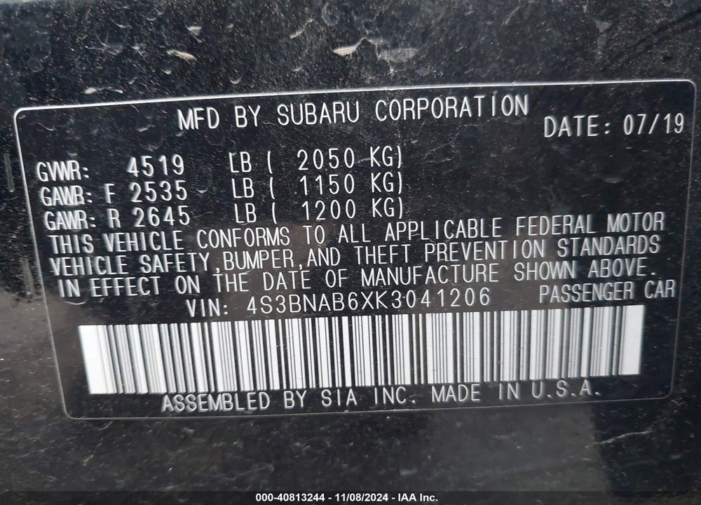 2019 SUBARU LEGACY 2.5I VIN: 4S3BNAB6XK3041206