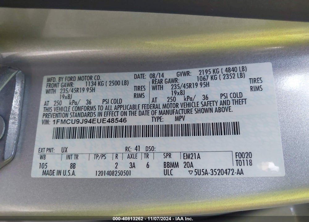 2014 FORD ESCAPE TITANIUM VIN: 1FMCU9J94EUE48546