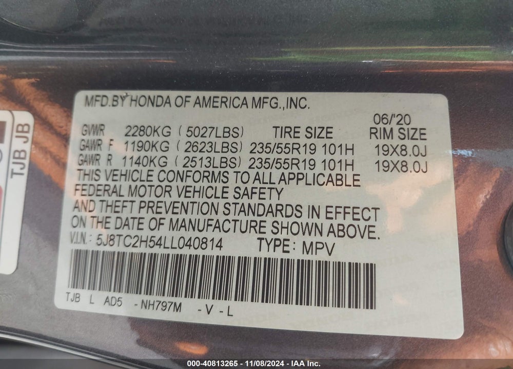 2020 ACURA RDX TECHNOLOGY PACKAGE VIN: 5J8TC2H54LL040814