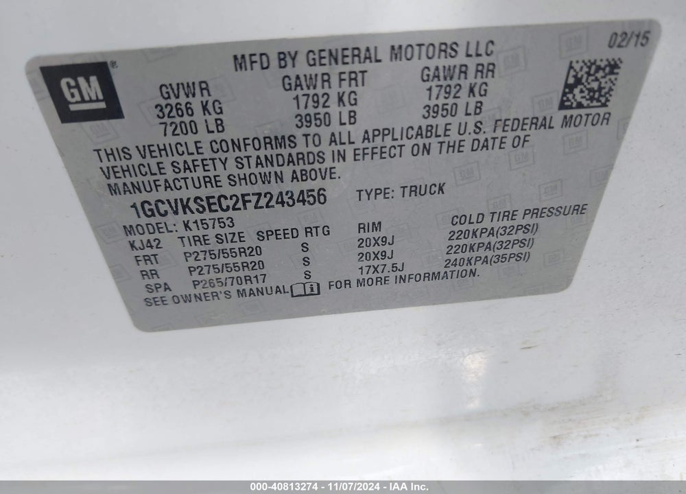 2015 CHEVROLET SILVERADO 1500 VIN: 1GCVKSEC2FZ243456
