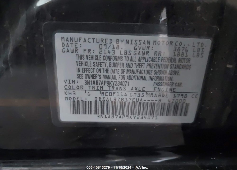 2019 NISSAN SENTRA S VIN: 3N1AB7AP9KY234071