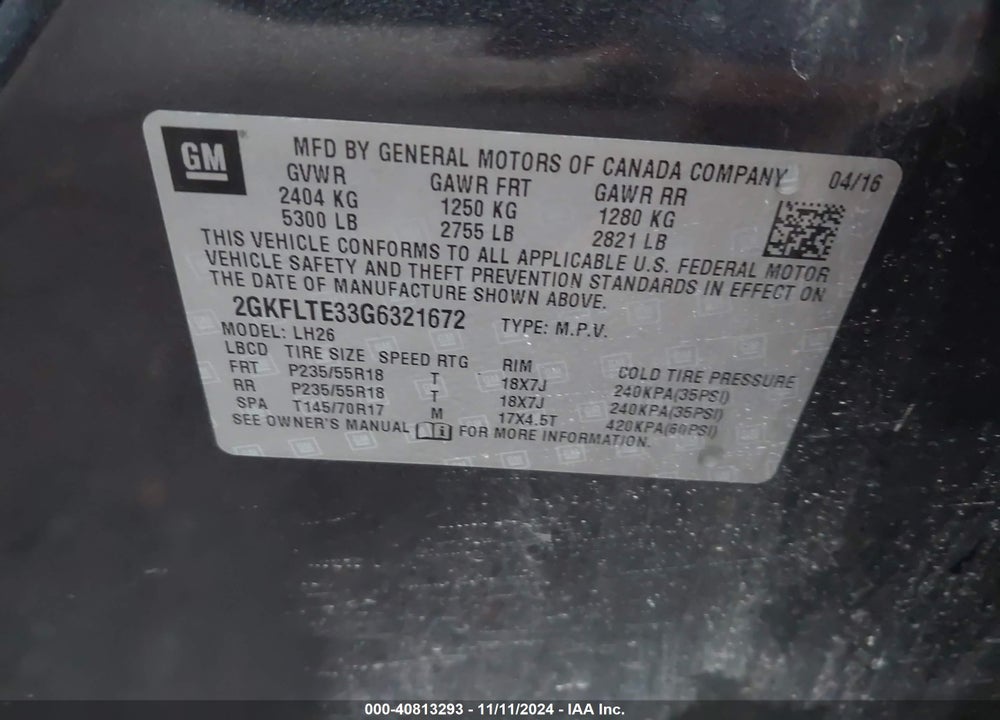 2016 GMC TERRAIN SLE-2 VIN: 2GKFLTE33G6321672