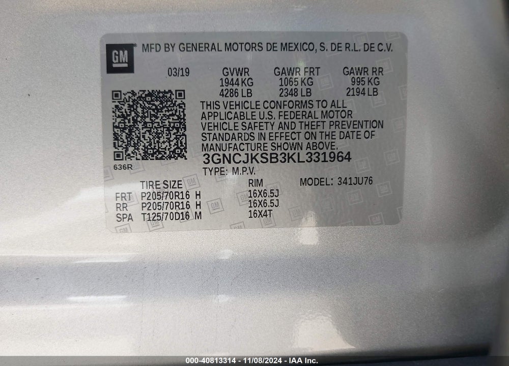2019 CHEVROLET TRAX LS VIN: 3GNCJKSB3KL331964