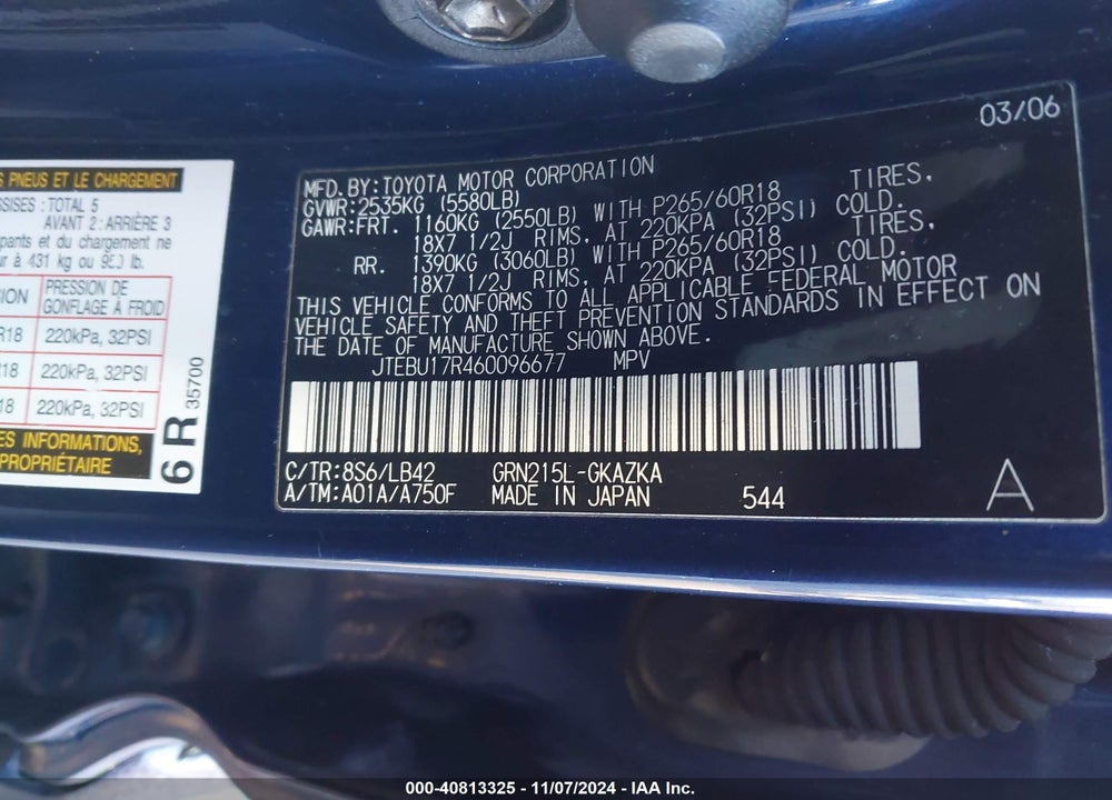 2006 TOYOTA 4RUNNER LIMITED V6 VIN: JTEBU17R460096677
