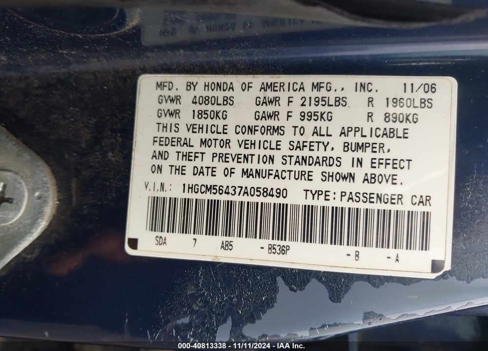 2007 HONDA ACCORD 2.4 LX VIN: 1HGCM56437A058490
