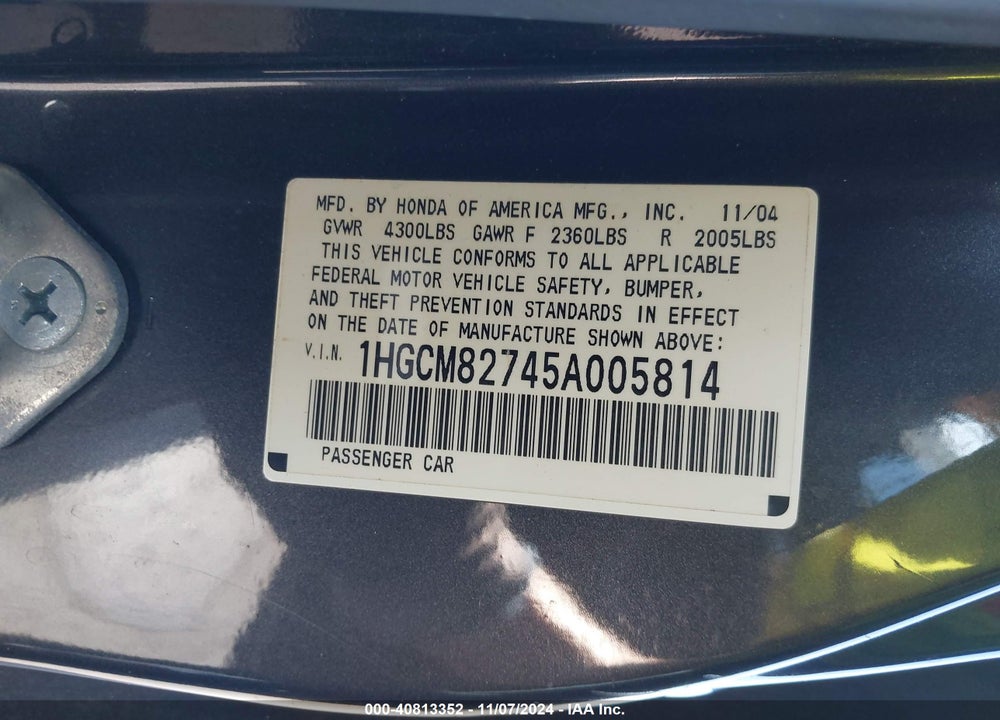 2005 HONDA ACCORD 3.0 EX VIN: 1HGCM82745A005814