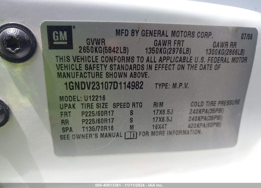 2007 CHEVROLET UPLANDER LS VIN: 1GNDV23107D114982