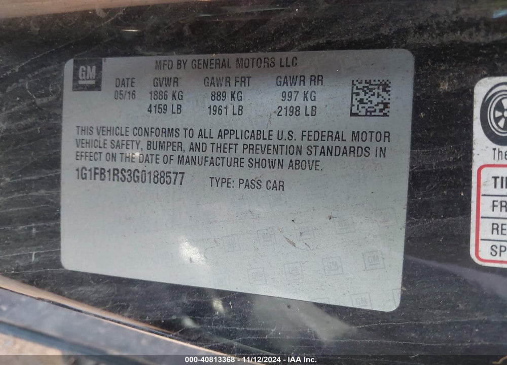 2016 CHEVROLET CAMARO 1LT VIN: 1G1FB1RS3G0188577