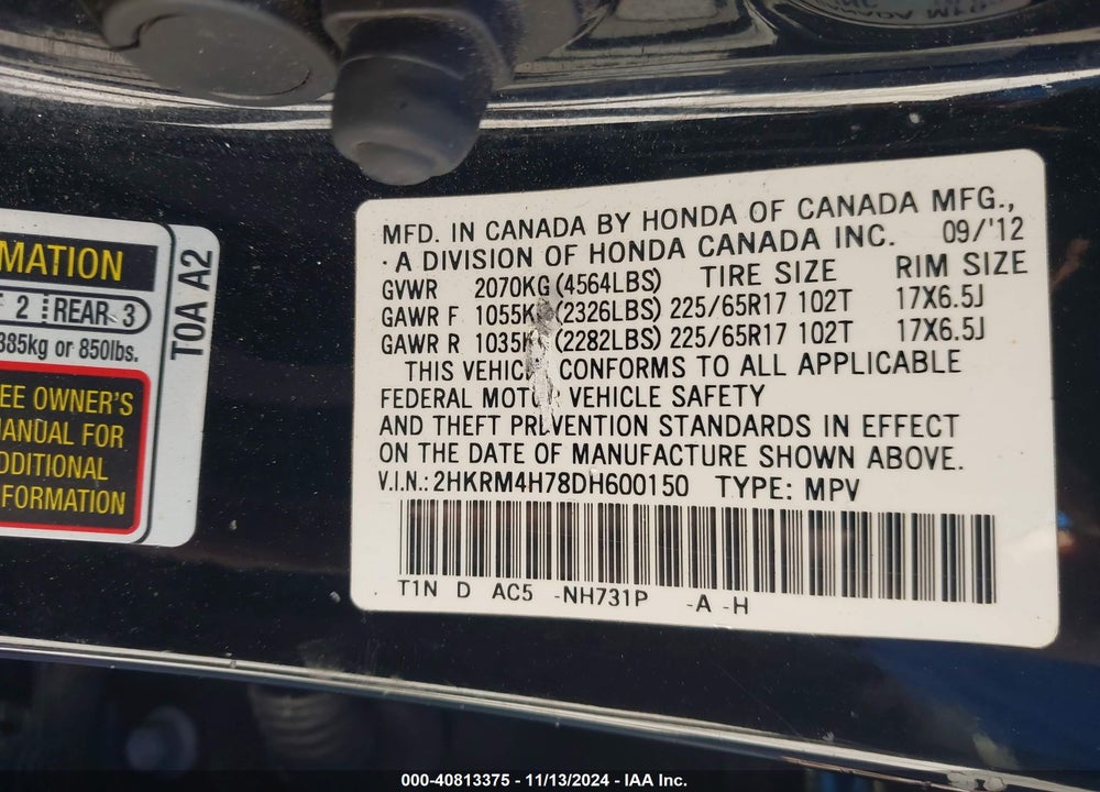 2013 HONDA CR-V EX-L VIN: 2HKRM4H78DH600150