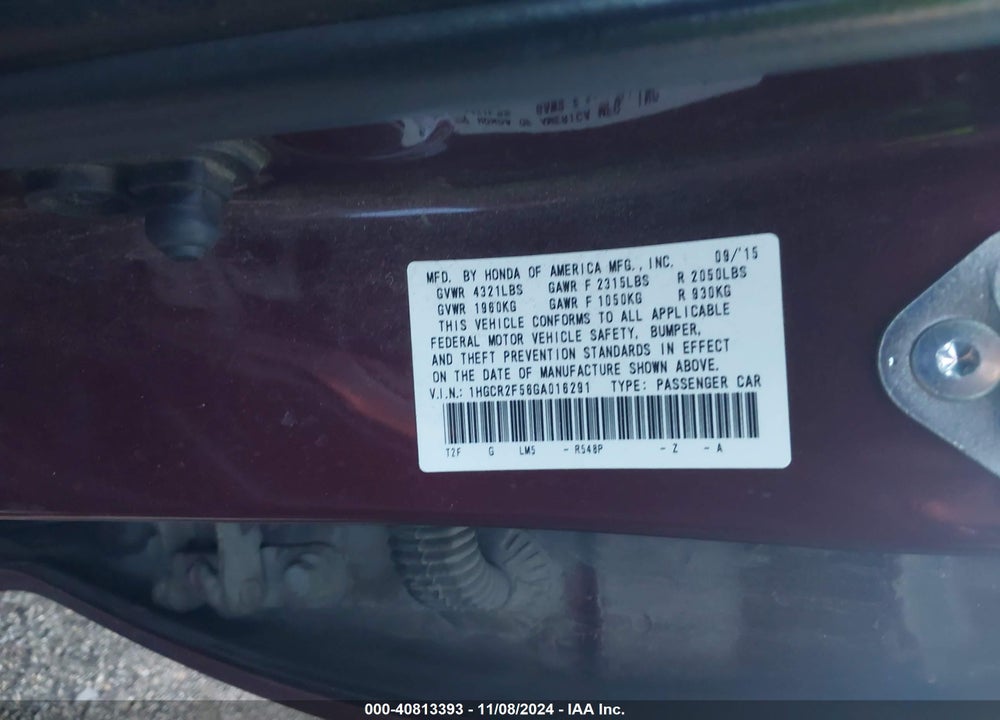 2016 HONDA ACCORD SPORT VIN: 1HGCR2F56GA016291