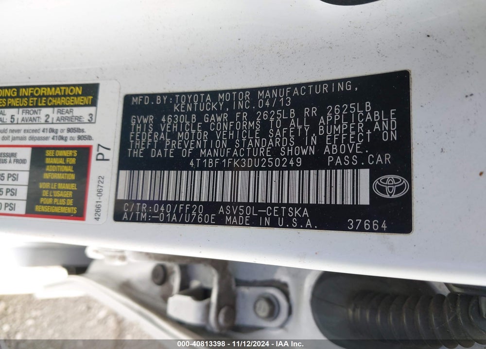 2013 TOYOTA CAMRY SE VIN: 4T1BF1FK3DU250249