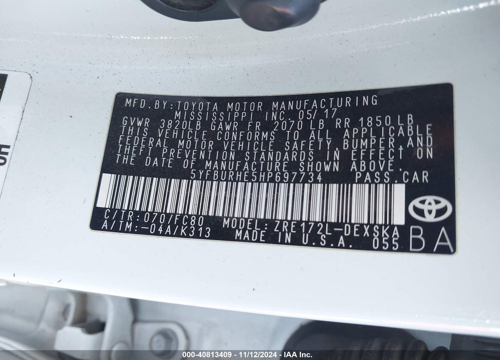 2017 TOYOTA COROLLA SE VIN: 5YFBURHE5HP697734