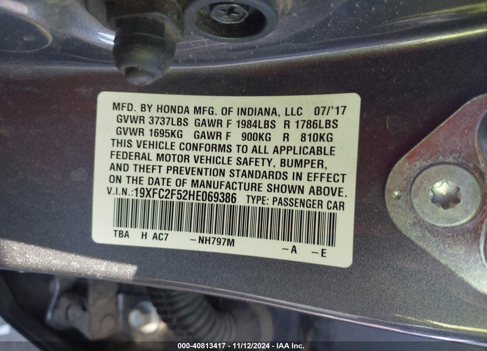 2017 HONDA CIVIC LX VIN: 19XFC2F52HE069386