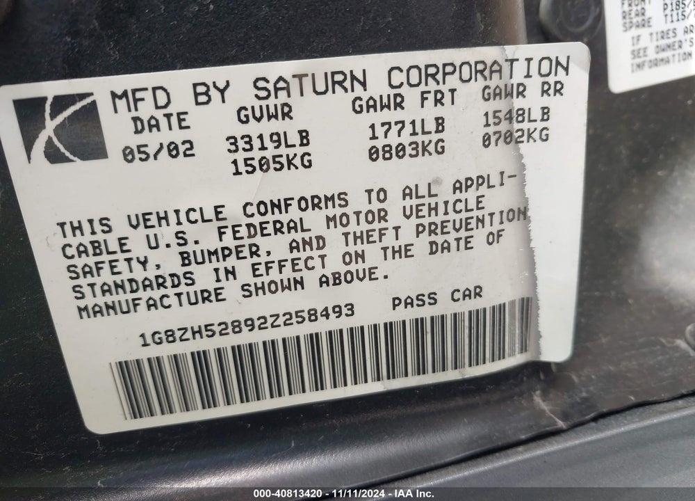 2002 SATURN S-SERIES SL1 VIN: 1G8ZH52892Z258493