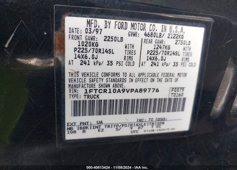 1997 FORD RANGER SPLASH/XL/XLT VIN: 1FTCR10A9VPA89776