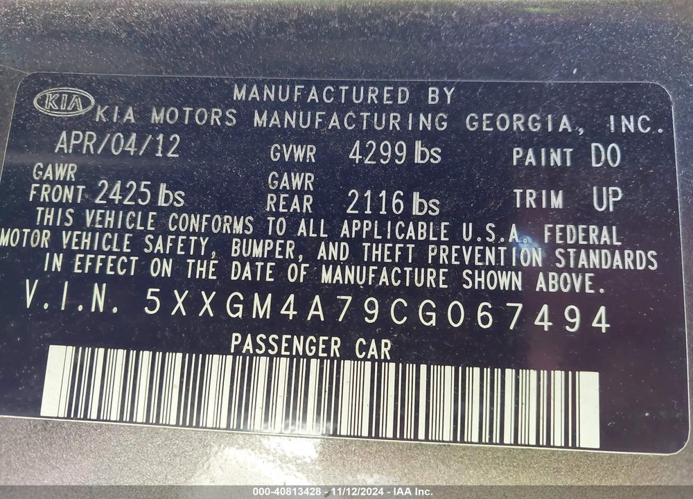 2012 KIA OPTIMA LX VIN: 5XXGM4A79CG067494