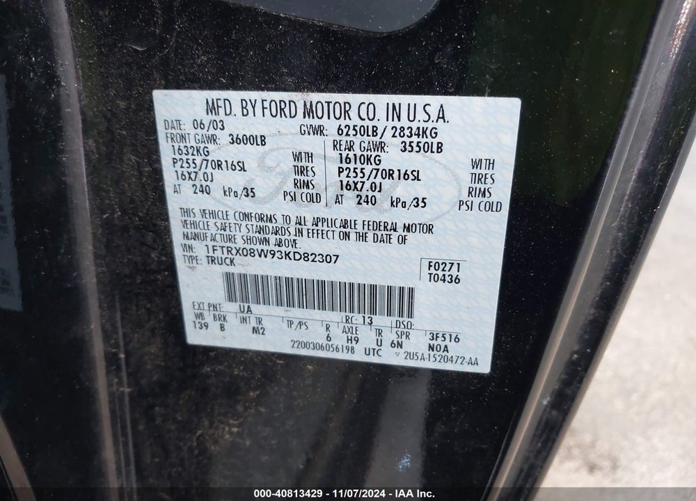2003 FORD F-150 LARIAT/XL/XLT VIN: 1FTRX08W93KD82307