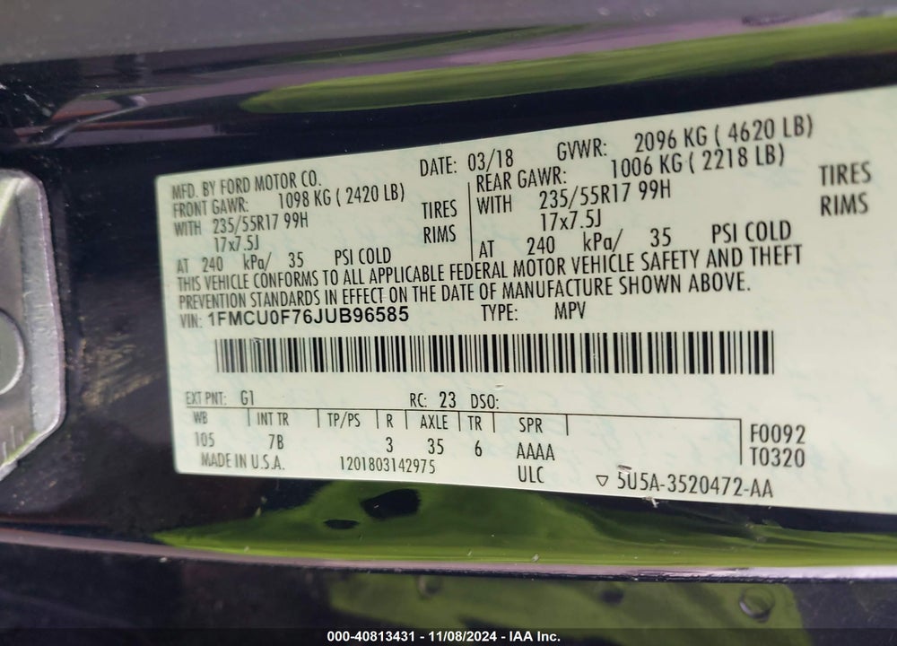 2018 FORD ESCAPE S VIN: 1FMCU0F76JUB96585