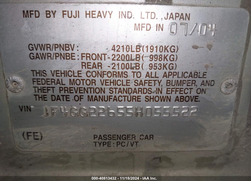 2005 SAAB 9-2X AERO VIN: JF4GG22655H055522