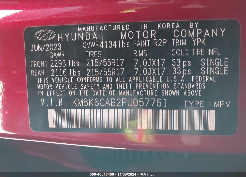 2023 HYUNDAI KONA SEL VIN: KM8K6CAB2PU057761