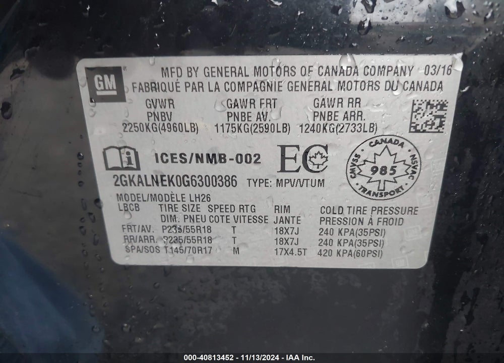 2016 GMC TERRAIN SLE-2 VIN: 2GKALNEK0G6300386