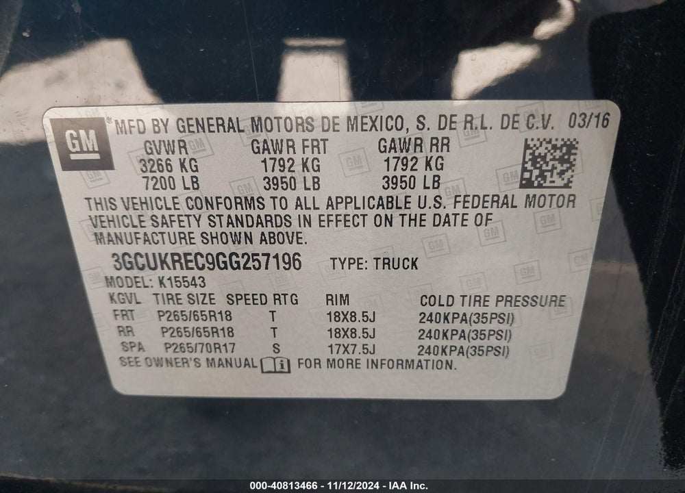 2016 CHEVROLET SILVERADO 1500 2LT VIN: 3GCUKREC9GG257196