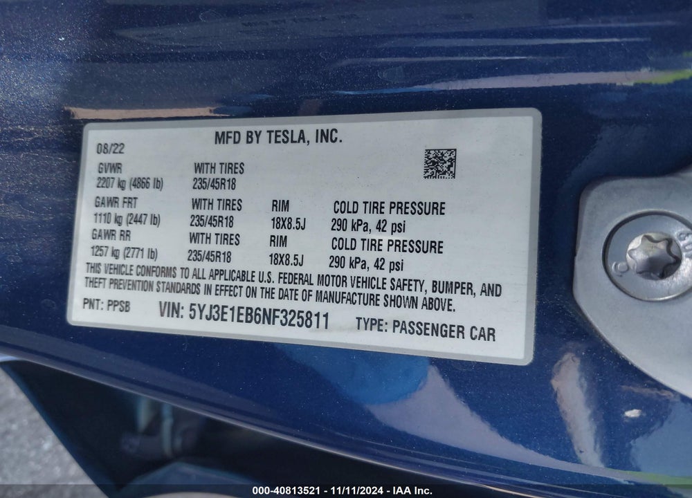 2022 TESLA MODEL 3 LONG RANGE DUAL MOTOR ALL-WHEEL DRIVE VIN: 5YJ3E1EB6NF325811