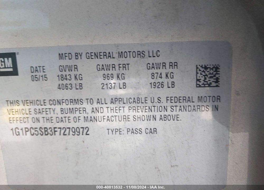 2015 CHEVROLET CRUZE 1LT AUTO VIN: 1G1PC5SB3F7279972