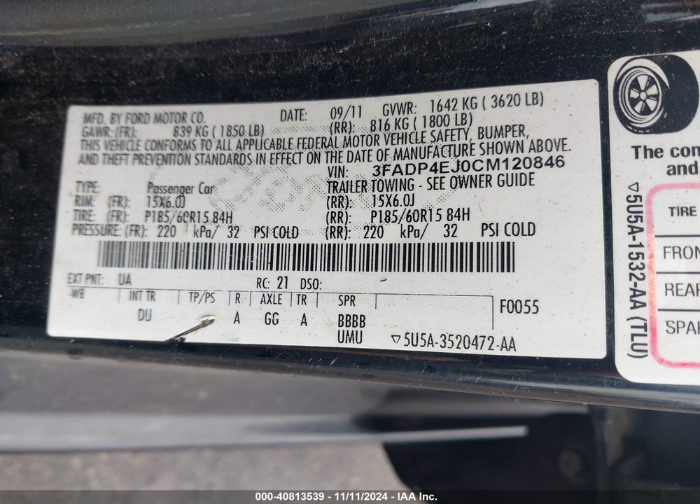 2012 FORD FIESTA SE VIN: 3FADP4EJ0CM120846