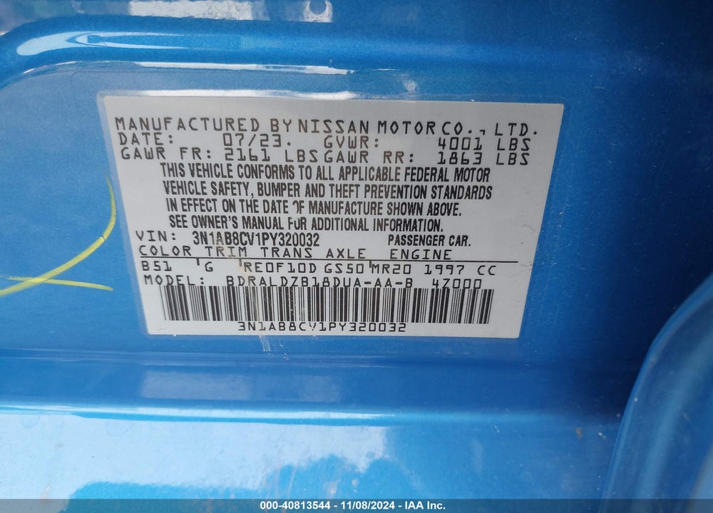2023 NISSAN SENTRA SV XTRONIC CVT VIN: 3N1AB8CV1PY320032