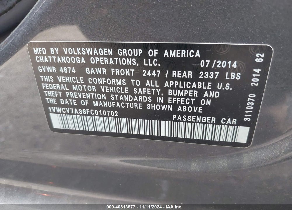 2015 VOLKSWAGEN PASSAT 2.0L TDI SEL PREMIUM VIN: 1VWCV7A38FC010702