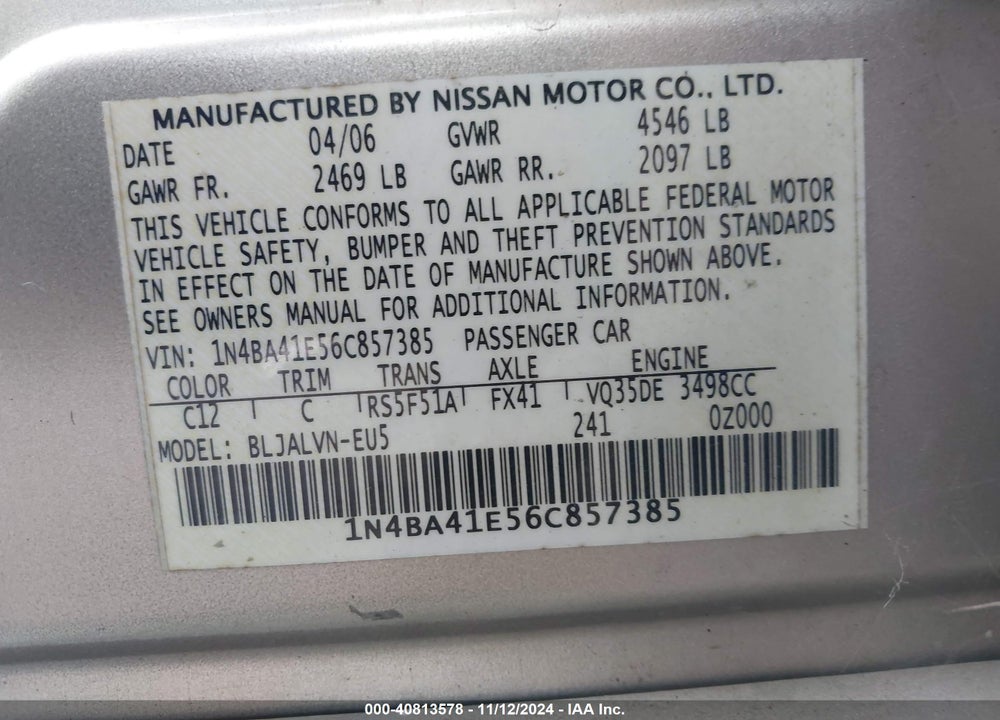 2006 NISSAN MAXIMA 3.5 SE VIN: 1N4BA41E56C857385