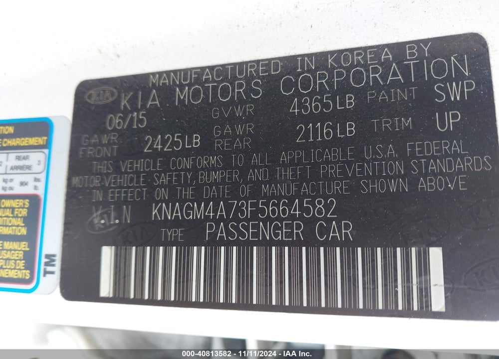 2015 KIA OPTIMA VIN: KNAGM4A73F5664582