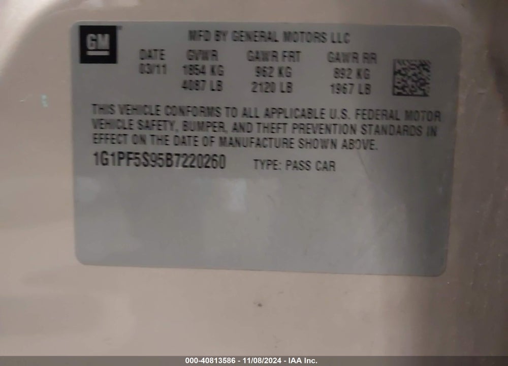 2011 CHEVROLET CRUZE 1LT VIN: 1G1PF5S95B7220260
