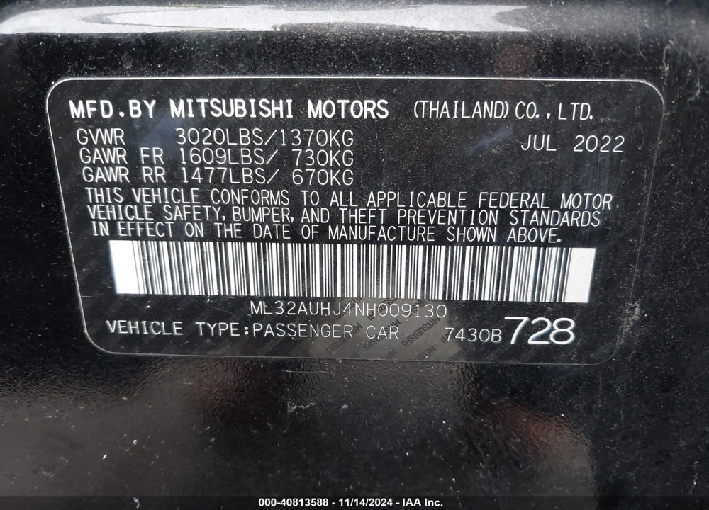 2022 MITSUBISHI MIRAGE VIN: ML32AUHJ4NH009130