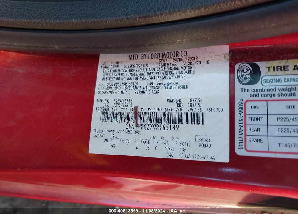 2009 FORD FUSION SEL VIN: 3FAHP08Z79R165189