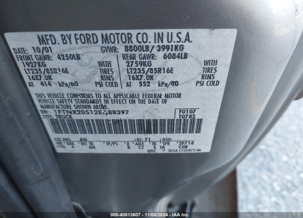2002 FORD F-250 VIN: 1FTNX20S12EA88397