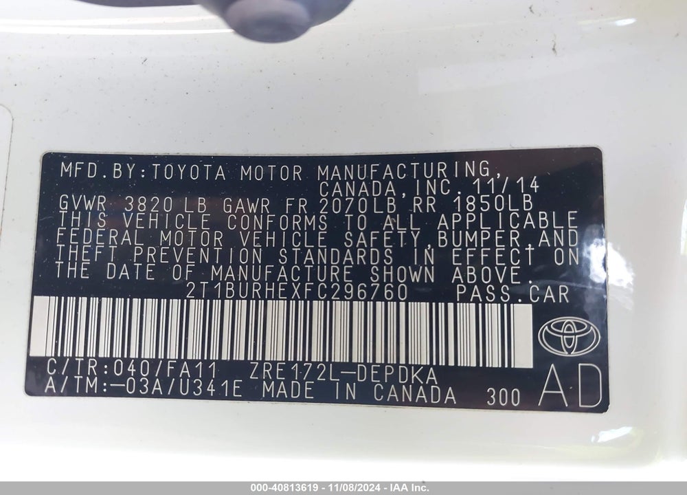 2015 TOYOTA COROLLA L VIN: 2T1BURHEXFC296760