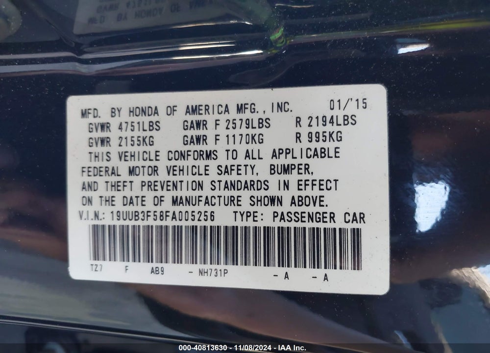 2015 ACURA TLX VIN: 19UUB3F58FA005256