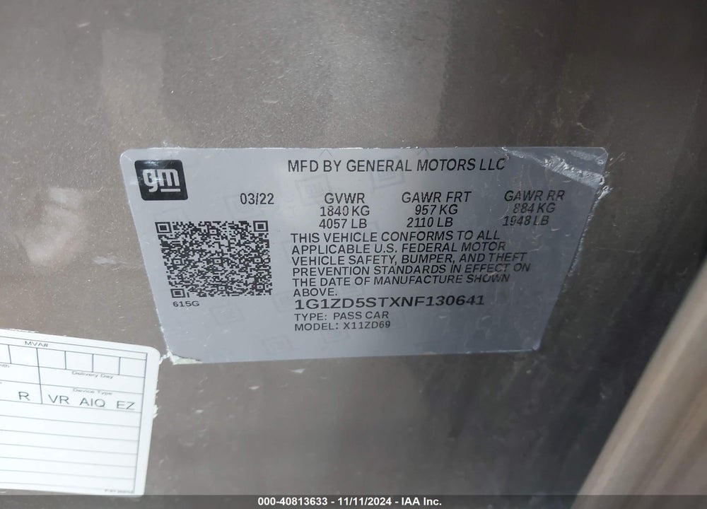 2022 CHEVROLET MALIBU FWD LT VIN: 1G1ZD5STXNF130641